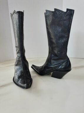 Black Italian Leather Laser-Cut Floral Western Summer Boots Sz (37) 7